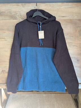 Patagonia Sweater Mens M Lagom Blue Recycled Wool Blend Drawstring Cowl Neck NWT